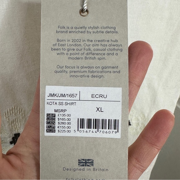 NWT Folk White Casual Linen Button Down Shirt with Black/Ivory Embroidery XL - Picture 3 of 6